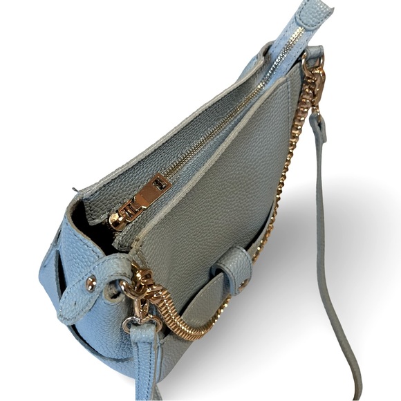 Fresh Light Blue Vegan Pebbled Light Blue Leather Bucket Bag w/ Crossbody Strap - Picture 3 of 7